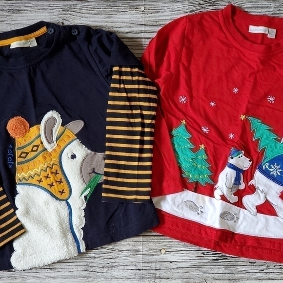 JoJo Maman Bébé Embroidered Christmas Holiday Tops Lama and Bears Size 4-5 EUC - Picture 1 of 12